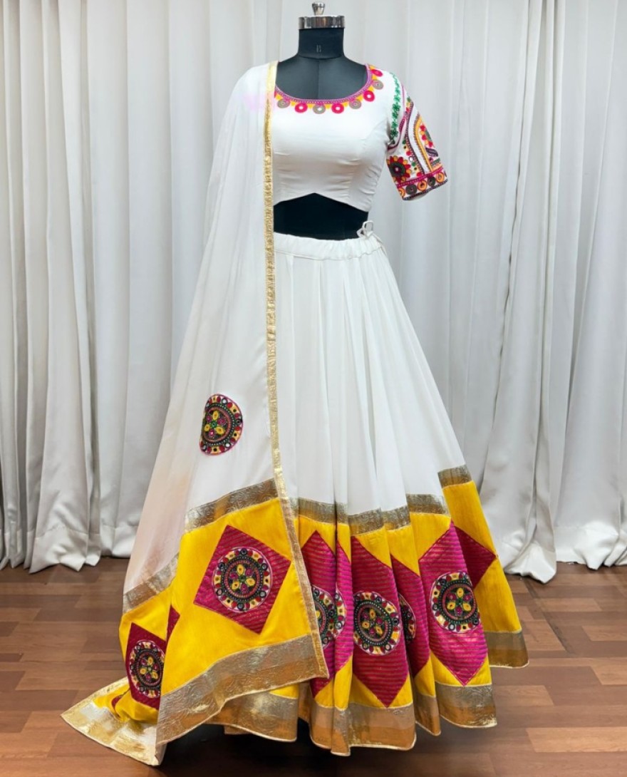 11043-white  - Garba Elegance in white Patchwork Splendor